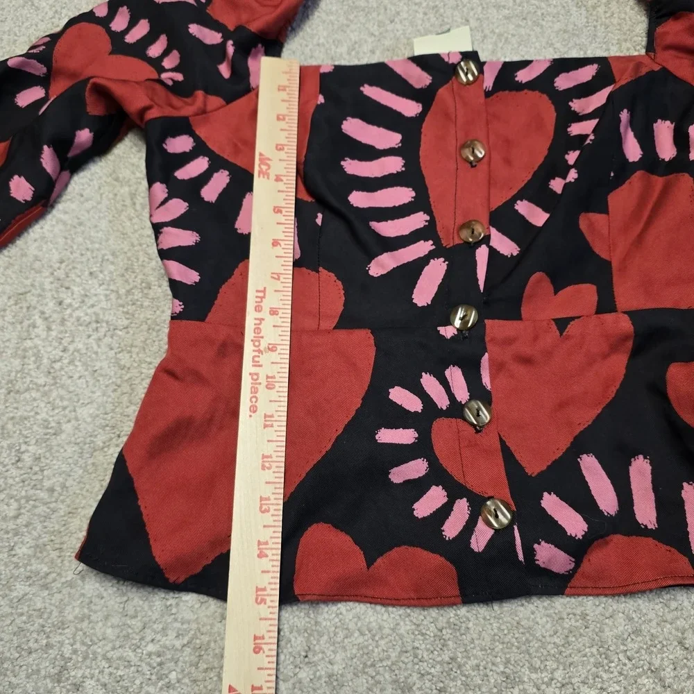 Farm Rio Long Sleeve Hearts Blouse Buttons Red Cropped Square‎ Neck Sz M NWT